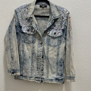 Silver Sequin Embellished Denim Jacket